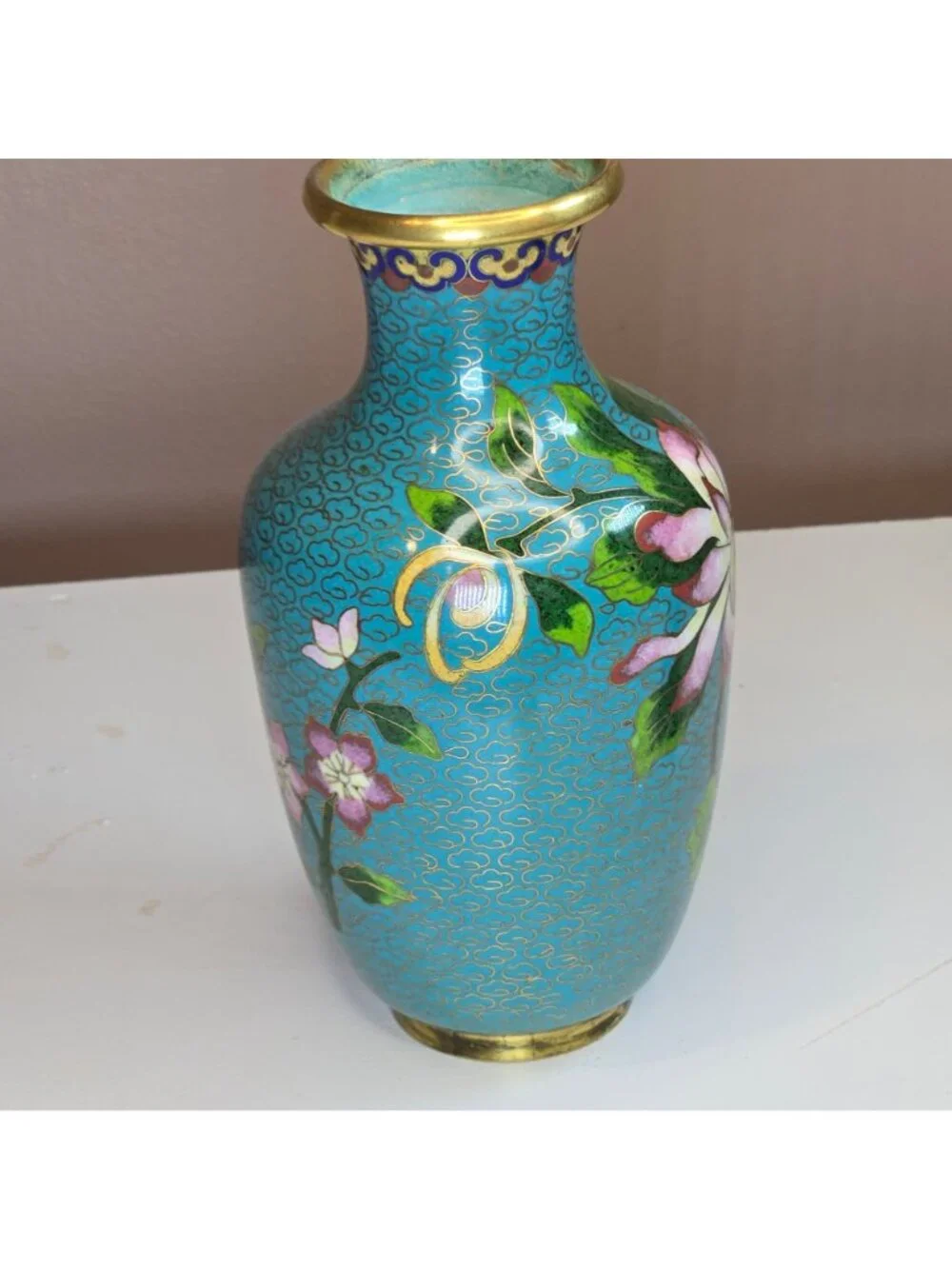 Vintage Cloisonné Vase Pink & White Chrysanthemums Gold Accents Floral Enamel